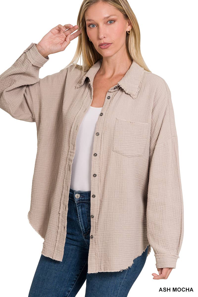 ,,,.SI-23630 Oversized Raw Edge Shirt W/ Back Patch: CREAM BEIGE-171502 / XL