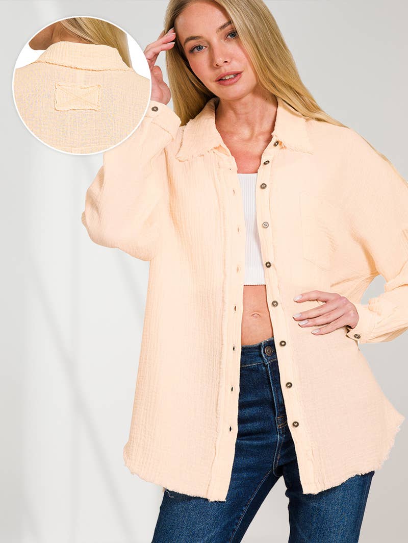 ,,,.SI-23630 Oversized Raw Edge Shirt W/ Back Patch: CREAM BEIGE-171502 / XL