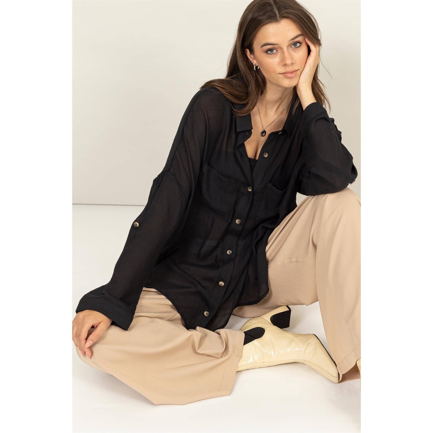 HF24G073-LONG SLEEVE BUTTON DOWN SHIRT: IVORY CREAM / S-M-L(2-2-2)