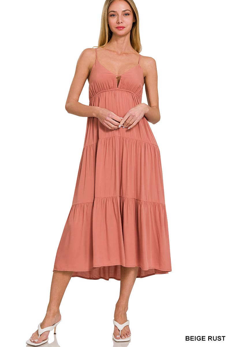 , Sweetheart Tiered Cami Midi Dress w/ adjustable straps: BONE-166171 / M