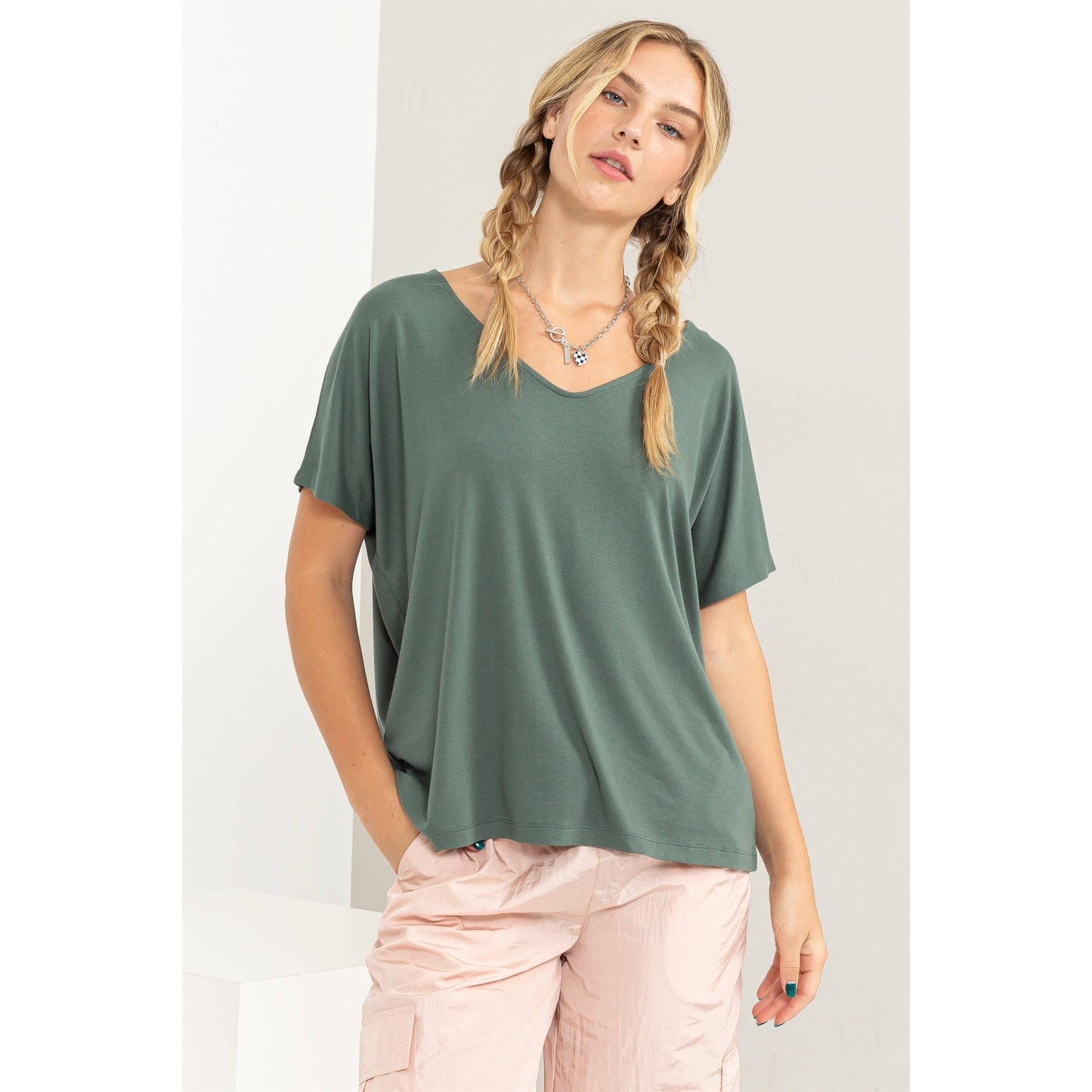 V NECK DOLMAN SHORT SLEEVE TOP: L / MINT