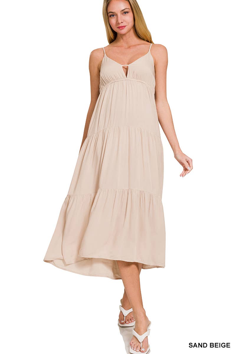 , Sweetheart Tiered Cami Midi Dress w/ adjustable straps: BONE-166171 / M