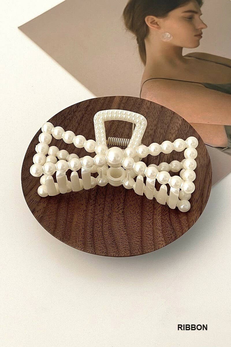 , SI-26361 Large Faux Pearl Decor Hair Claw Clips: FLOWER-168763 / OS