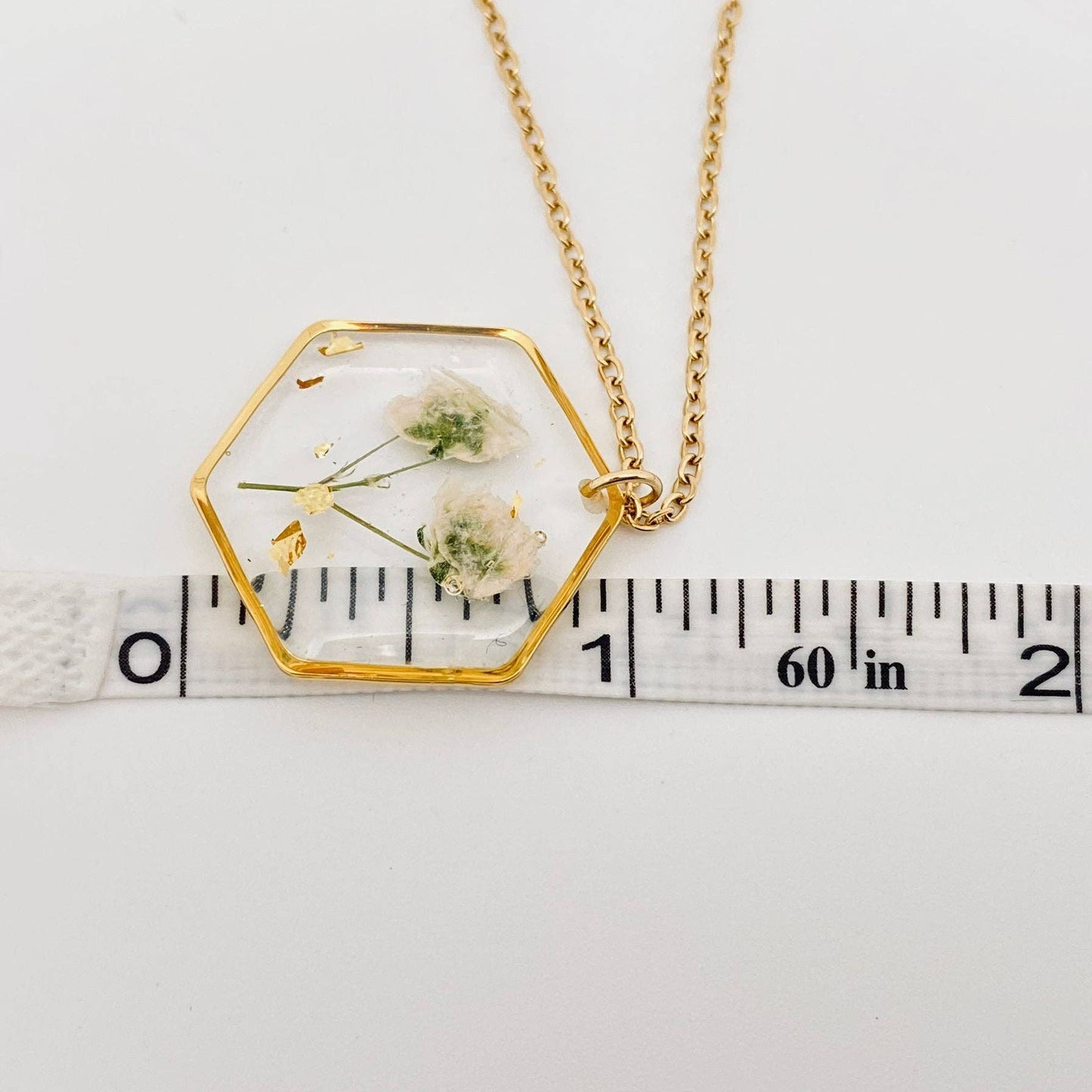 Baby's Breath Dried Flowers Hexagon Charm Necklace - PDF