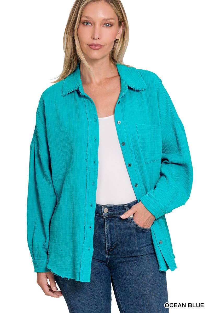 ,,,.SI-23630 Oversized Raw Edge Shirt W/ Back Patch: LTROSE-148431 / XL