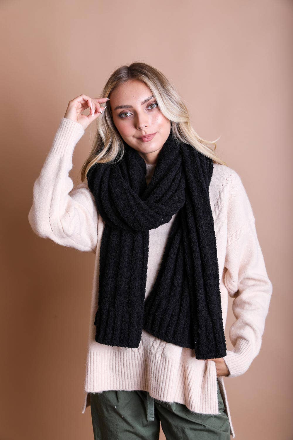 Ultra Soft Boucle Vertical Knit Scarf: Latte