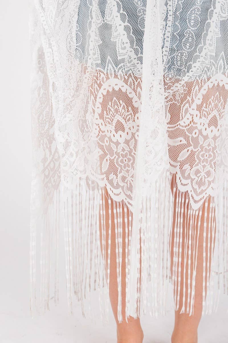 Sheer Elegant Lace Fringe Cover Up Kimono: BK