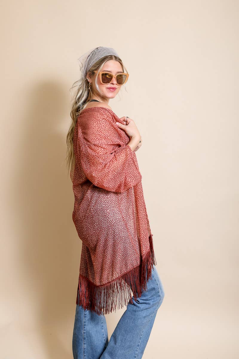 Velvet Dot Tassel Mesh Kimono: White