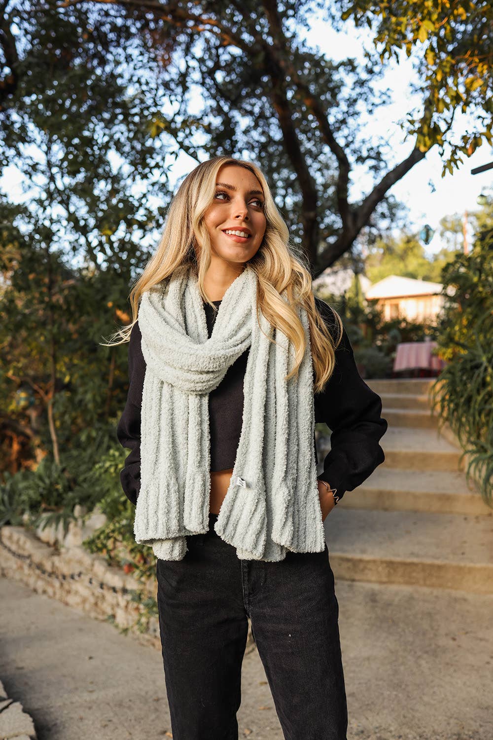 Ultra Soft Boucle Vertical Knit Scarf: Latte