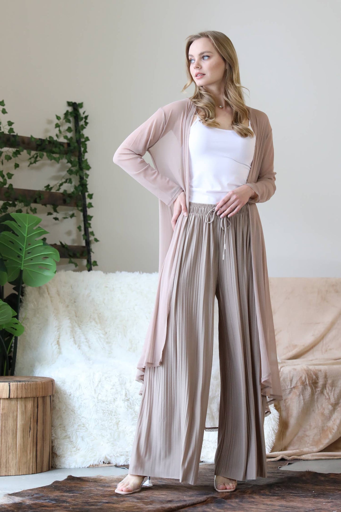 WOVEN PLEATED WIDE LEG PANTS WITH LINING: SPRINGBLUE-129043 / S