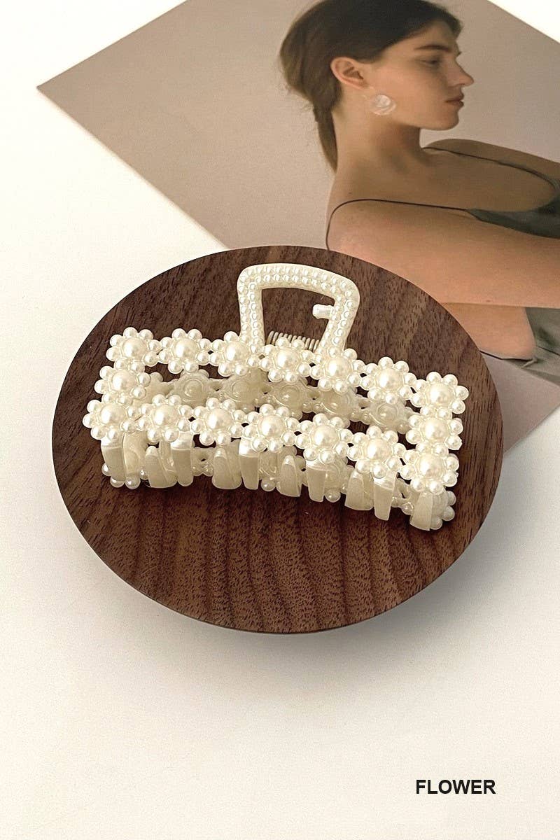 , SI-26361 Large Faux Pearl Decor Hair Claw Clips: FLOWER-168763 / OS