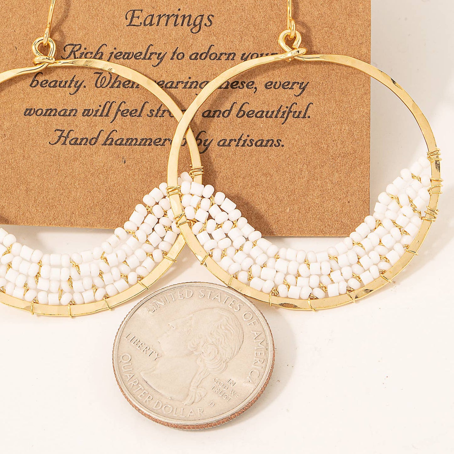 White Beaded Circle Drop Earrings: GOLD