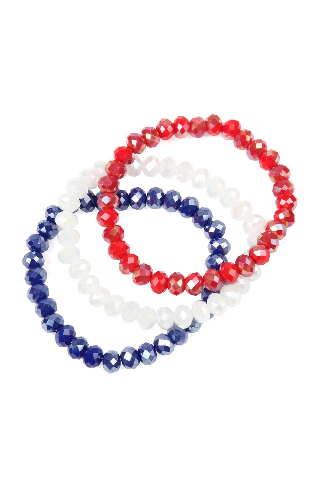 HDB2258-THREE GLASS BEADS STRETCH BRACELET: IRIDESCENT RED WHITE BLUE