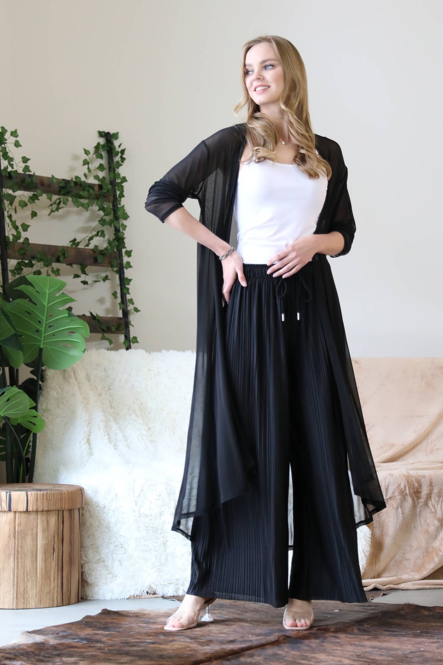 WOVEN PLEATED WIDE LEG PANTS WITH LINING: SPRINGBLUE-129043 / S