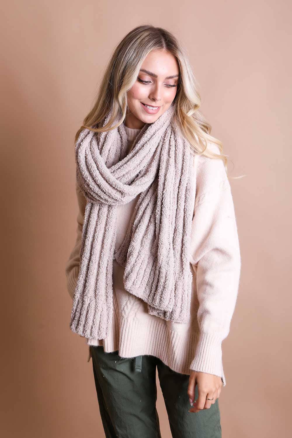Ultra Soft Boucle Vertical Knit Scarf: Clay