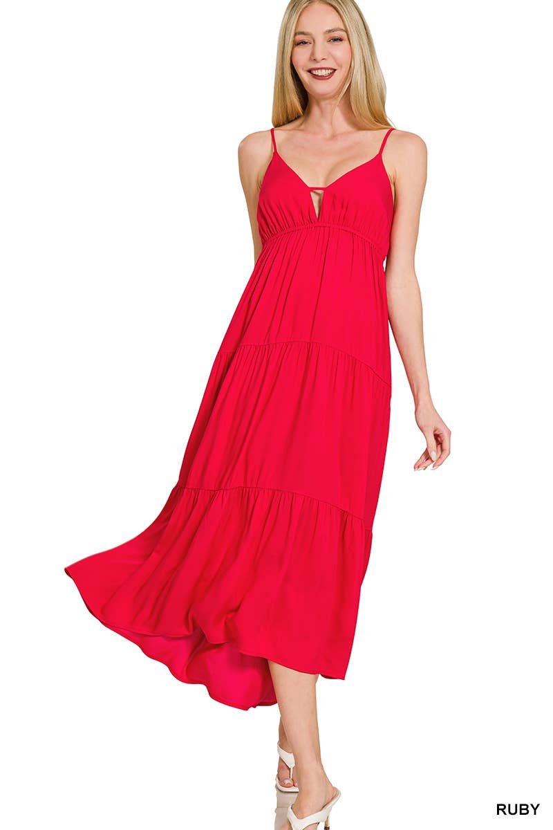 , Sweetheart Tiered Cami Midi Dress w/ adjustable straps: BONE-166171 / M