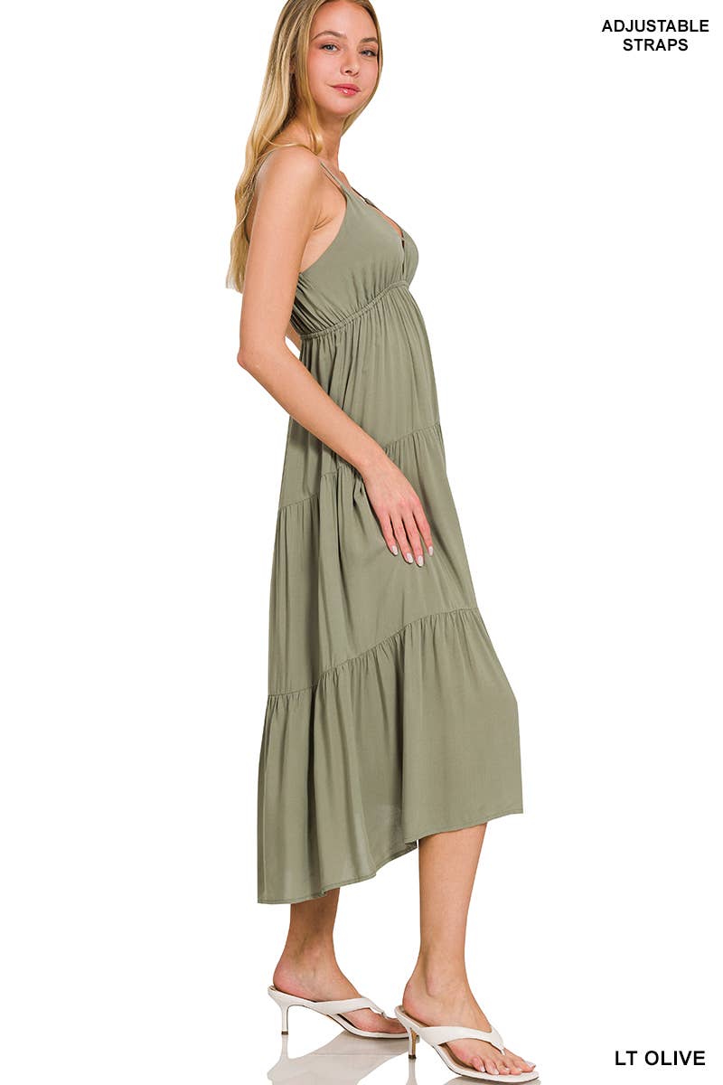 , Sweetheart Tiered Cami Midi Dress w/ adjustable straps: BONE-166171 / M