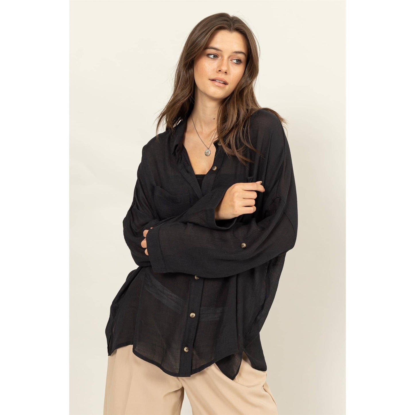 HF24G073-LONG SLEEVE BUTTON DOWN SHIRT: MAUVE / L