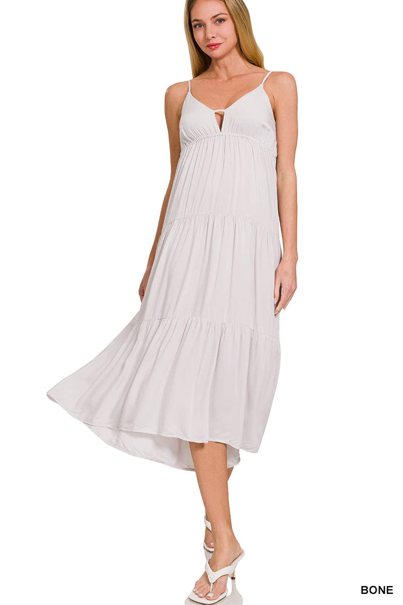 , Sweetheart Tiered Cami Midi Dress w/ adjustable straps: BONE-166171 / M