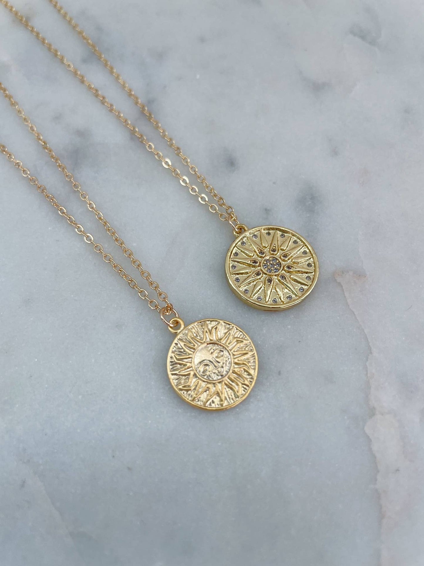 Gold Sun Necklace, Sun Jewelry, Sun Charm, Sun Pendant: 15mm sun face (left) / 16.5"(most popular)