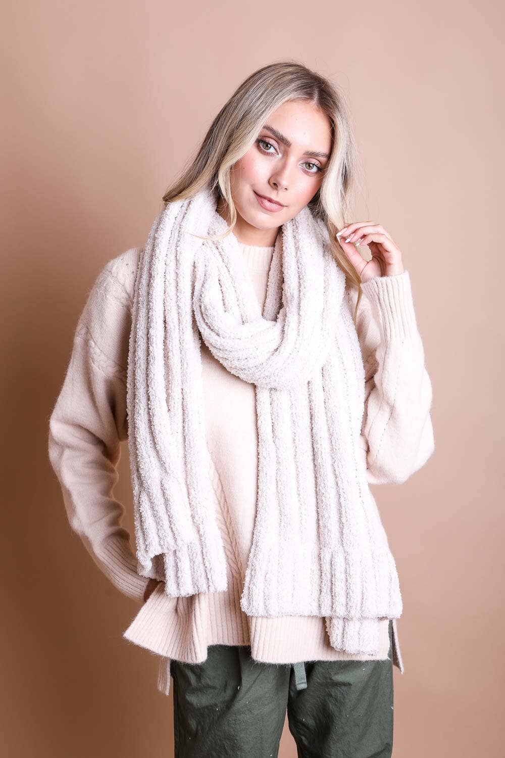 Ultra Soft Boucle Vertical Knit Scarf: Latte