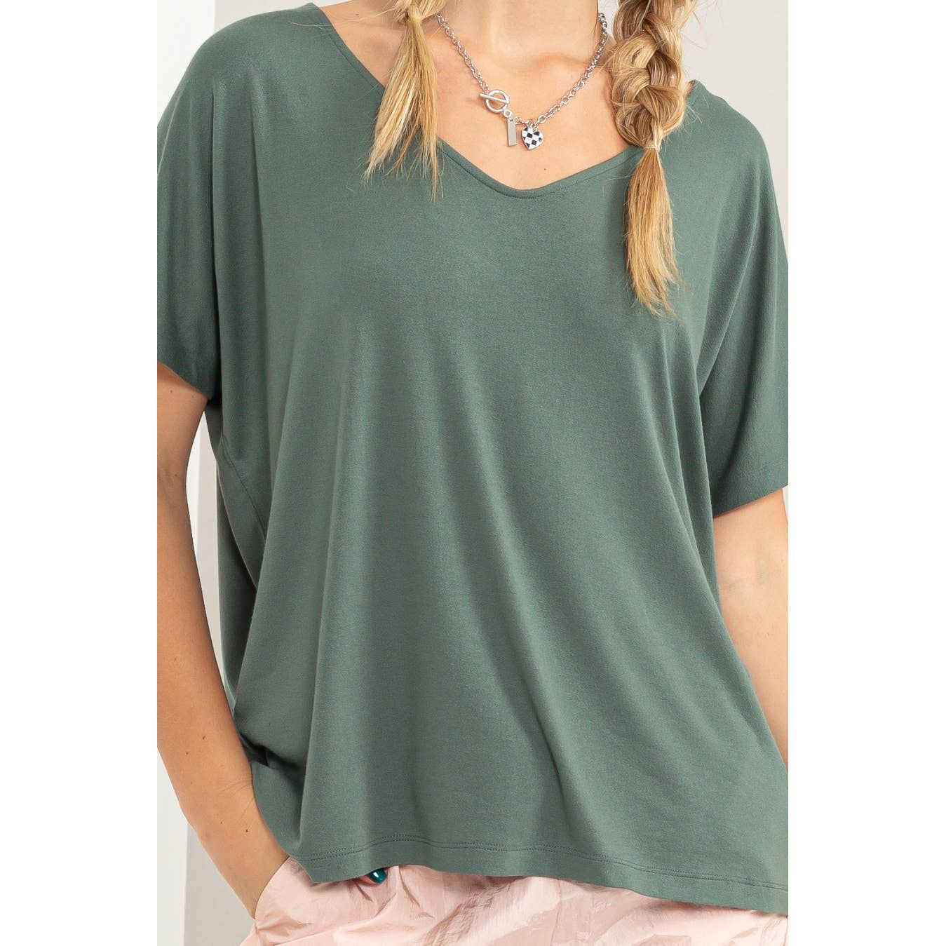 V NECK DOLMAN SHORT SLEEVE TOP: S / TAN