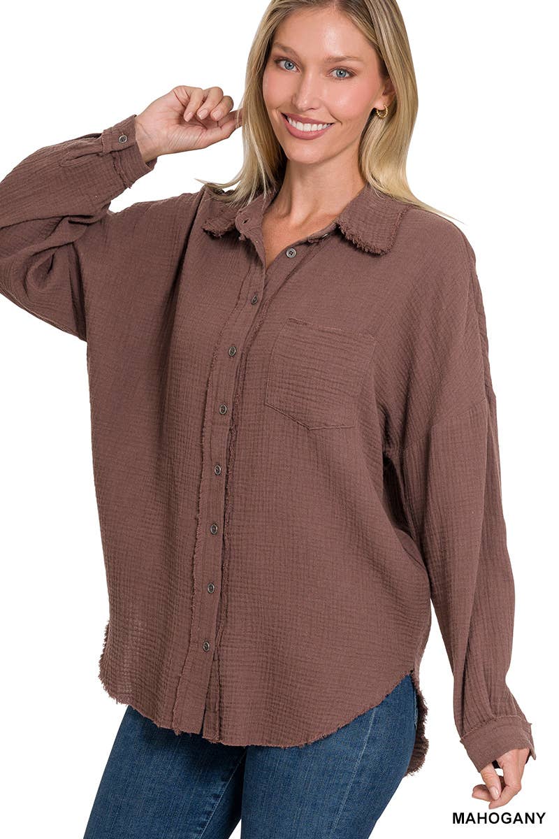 ,,,.SI-23630 Oversized Raw Edge Shirt W/ Back Patch: LTROSE-148431 / XL