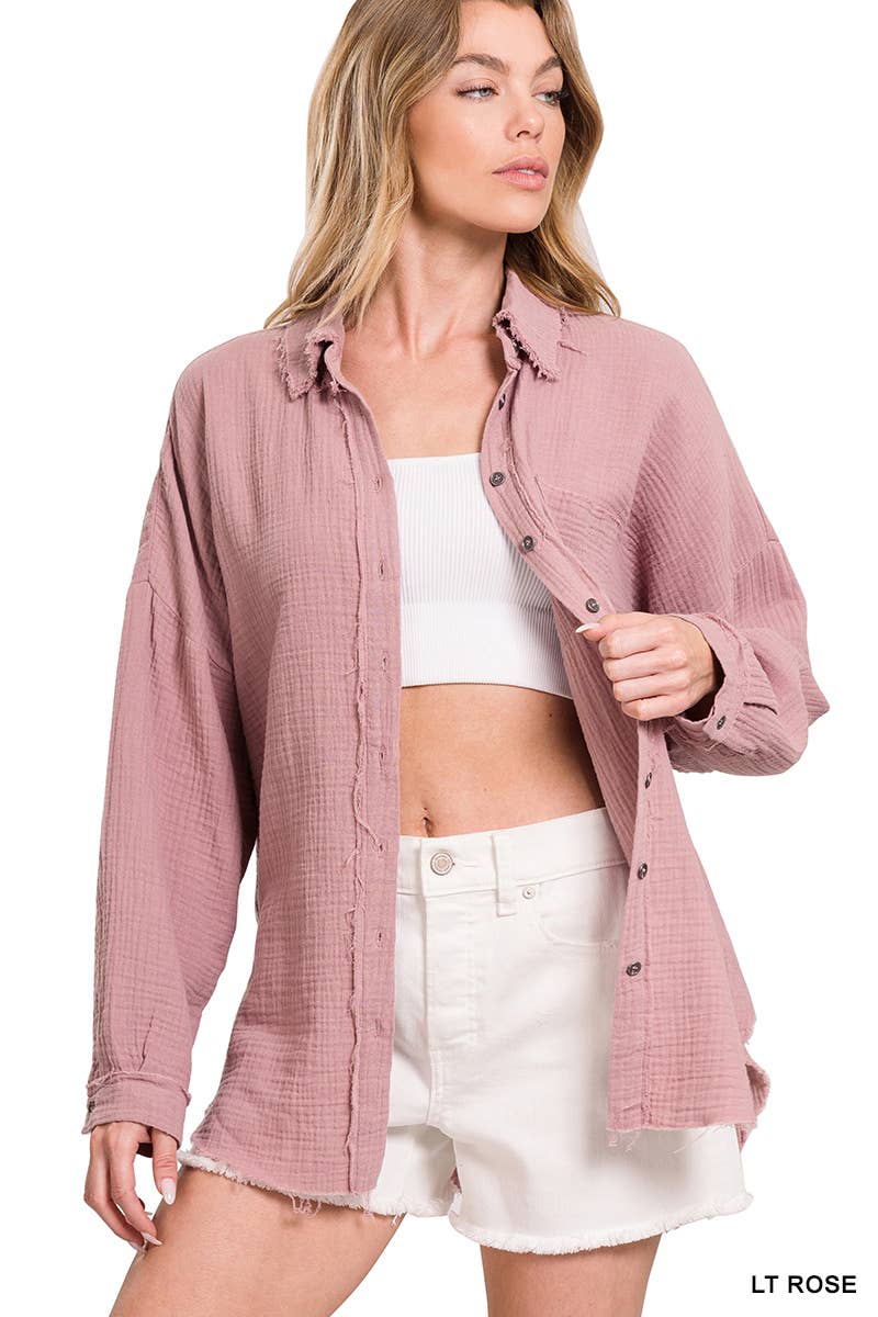 ,,,.SI-23630 Oversized Raw Edge Shirt W/ Back Patch: LTROSE-148431 / XL