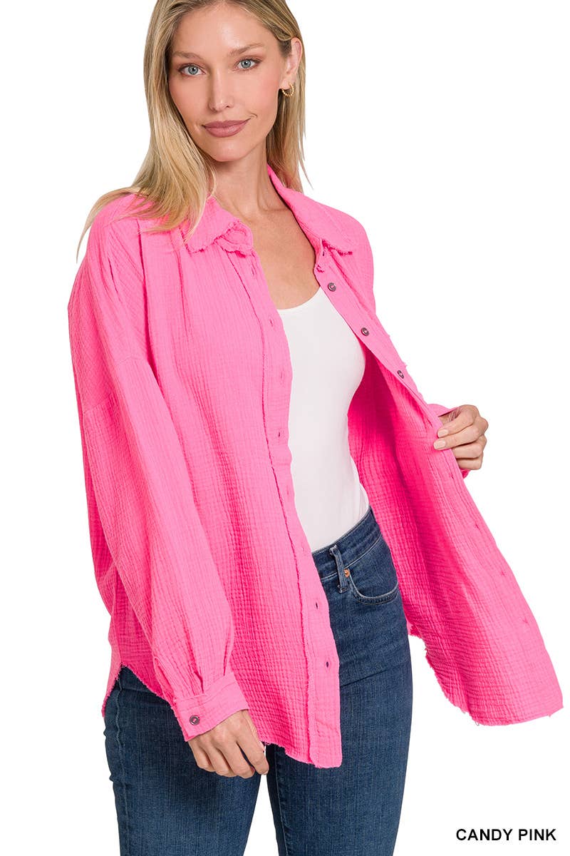 ,,,.SI-23630 Oversized Raw Edge Shirt W/ Back Patch: LTROSE-148431 / XL