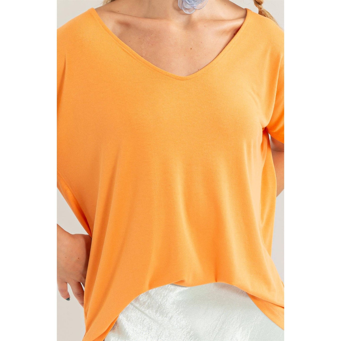V NECK DOLMAN SHORT SLEEVE TOP: S / TAN