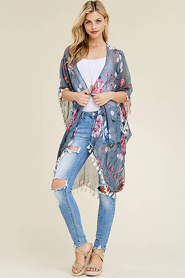 HDF1997 -  FLORAL TASSEL CARDIGAN: Blue