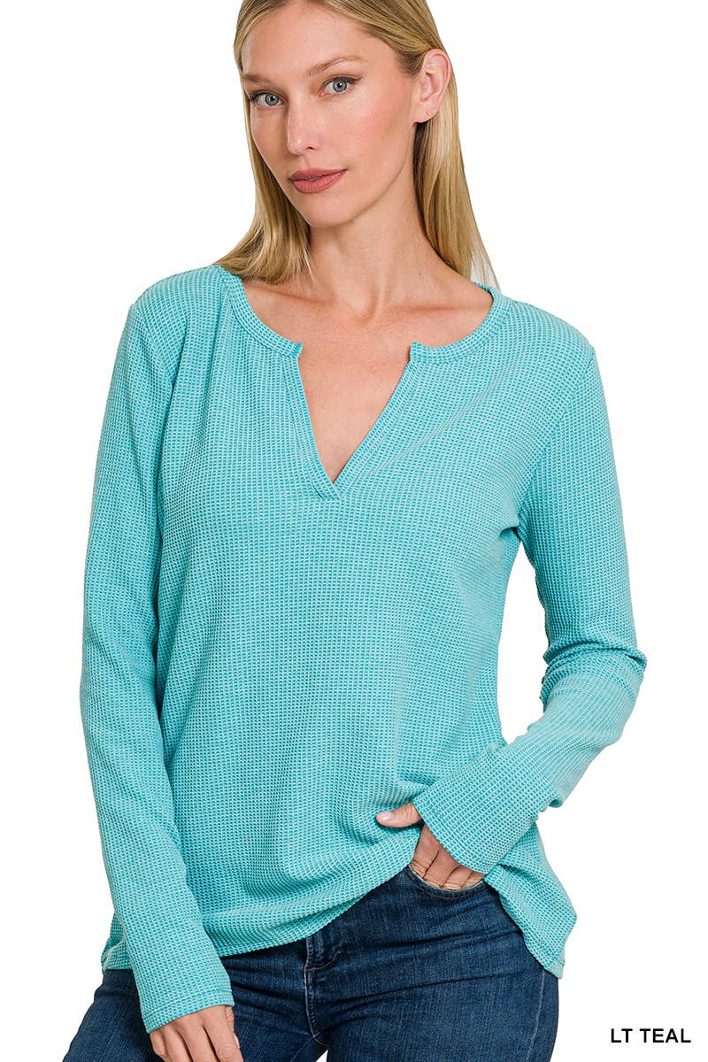 BABY WAFFLE V-NECK LONG SLEEVE TOP: FUCHSIA-158026 / S