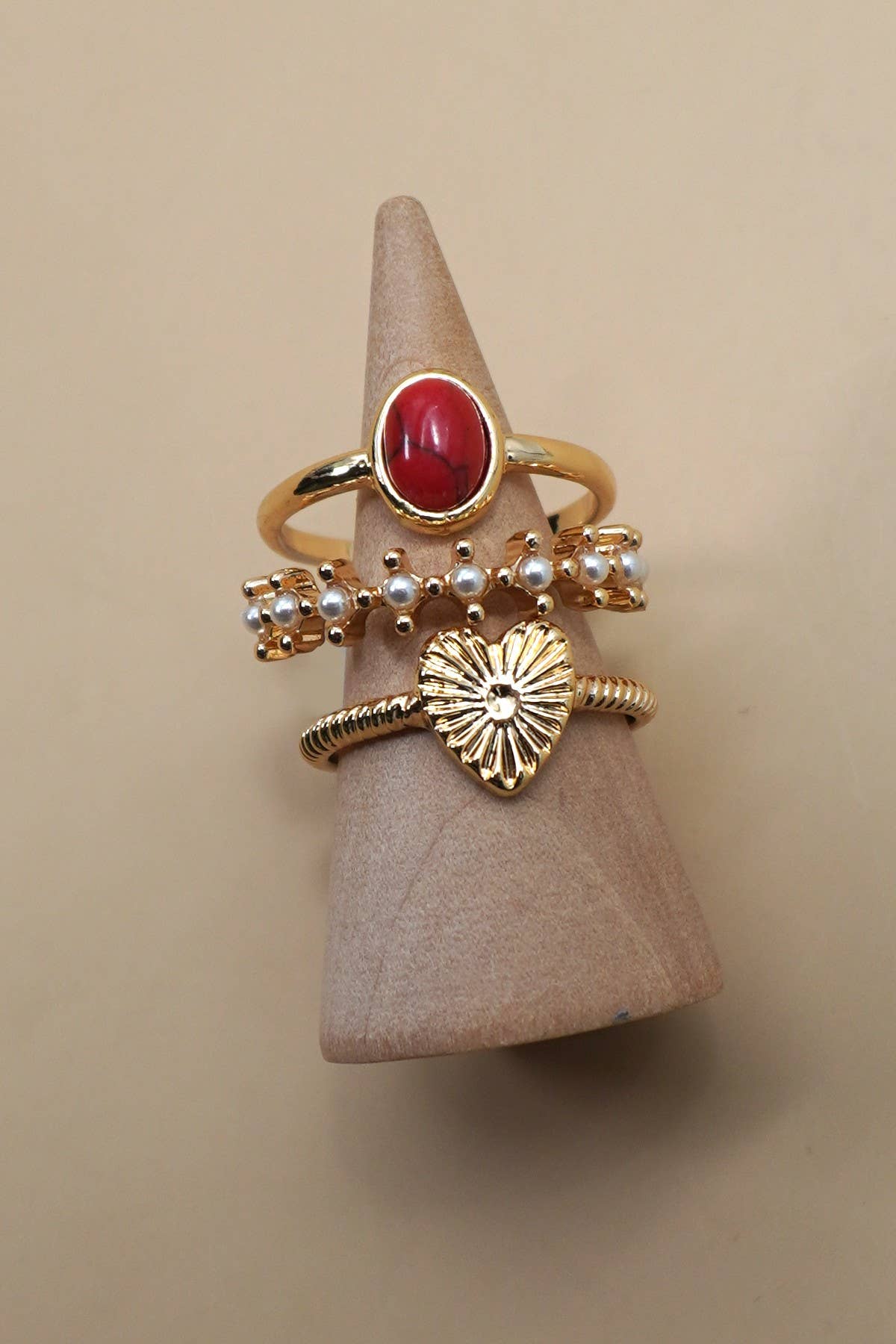 HEART STONE PEARL 3 RING SET