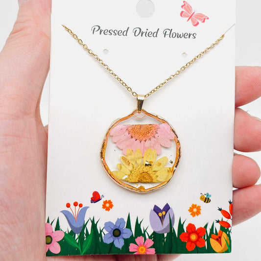 Pink and Yellow Chrysanthemum Dried Flower Pendant Necklace