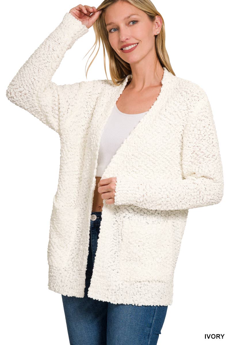 Long Sleeve Popcorn Sweater Cardigan With Pockets