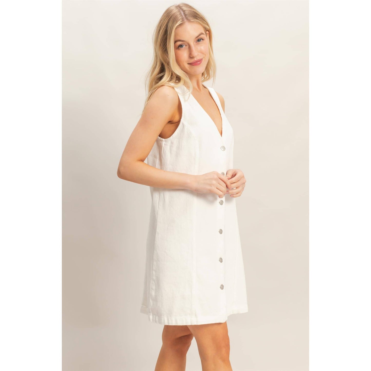 V-Neck Button Front Denim Dress