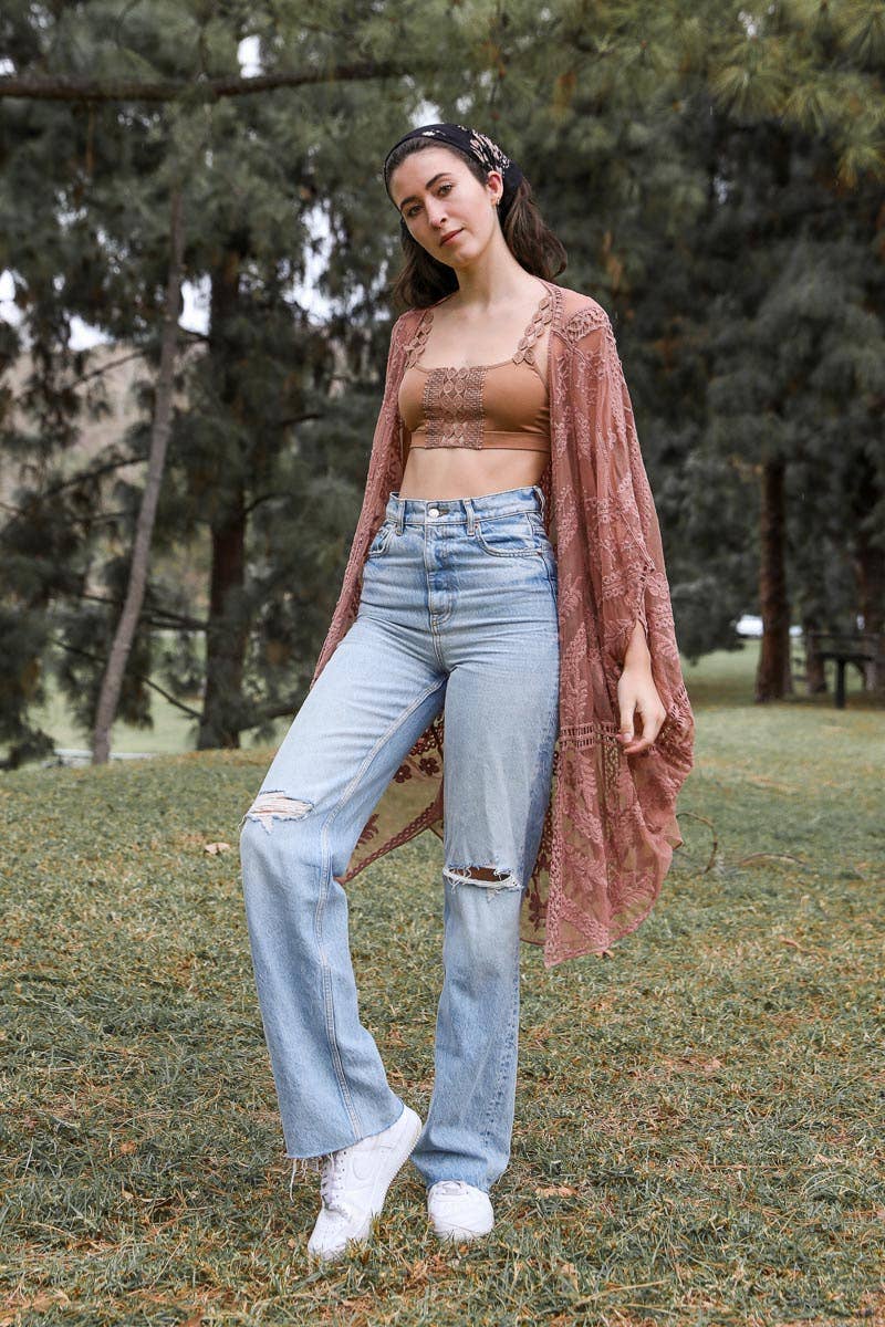 Embroidered Mesh Leaf Kimono: Natural