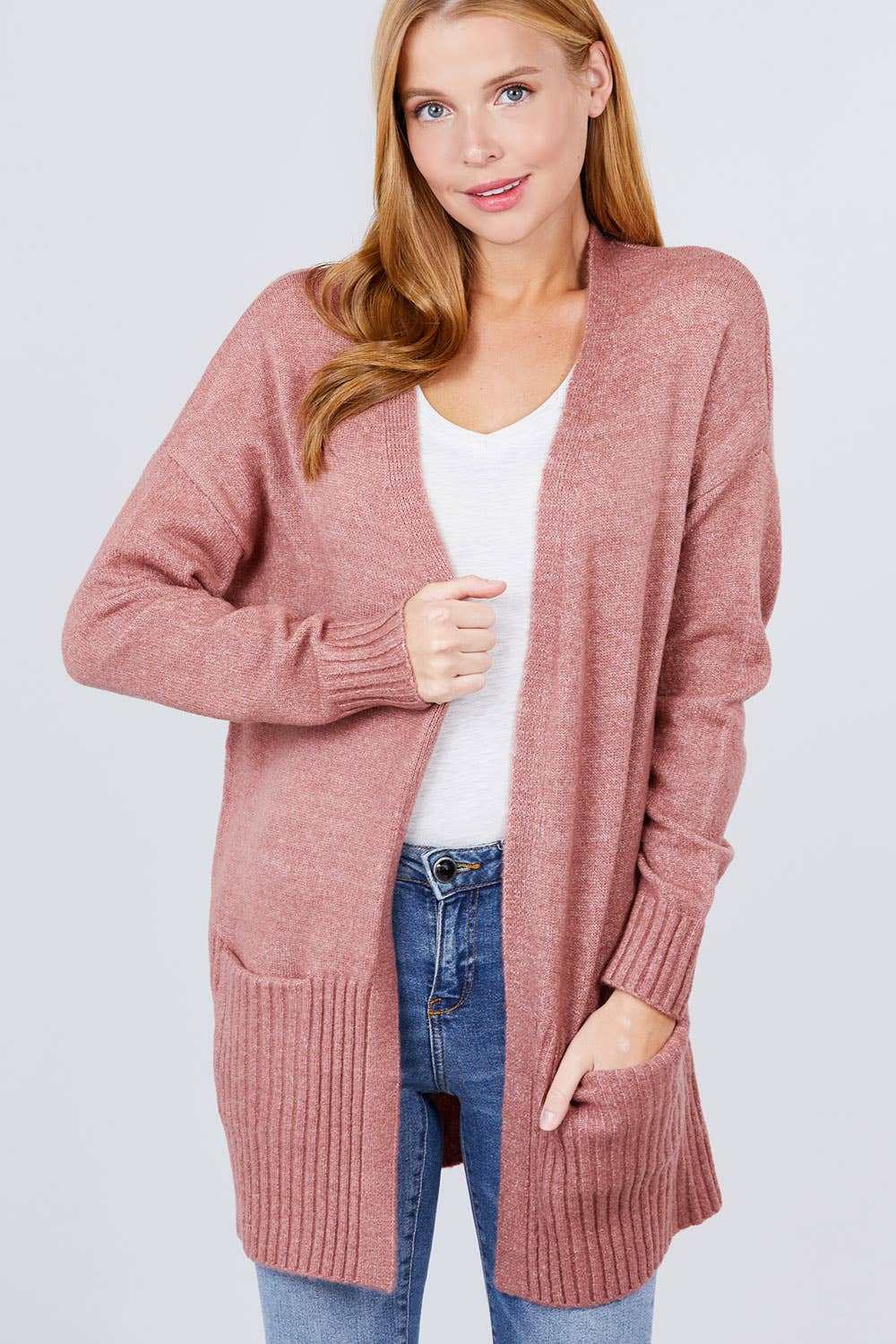 FITTED OPEN FRONT w/POCKET SWEATER CARDIGAN: S / BLU-blue-118476