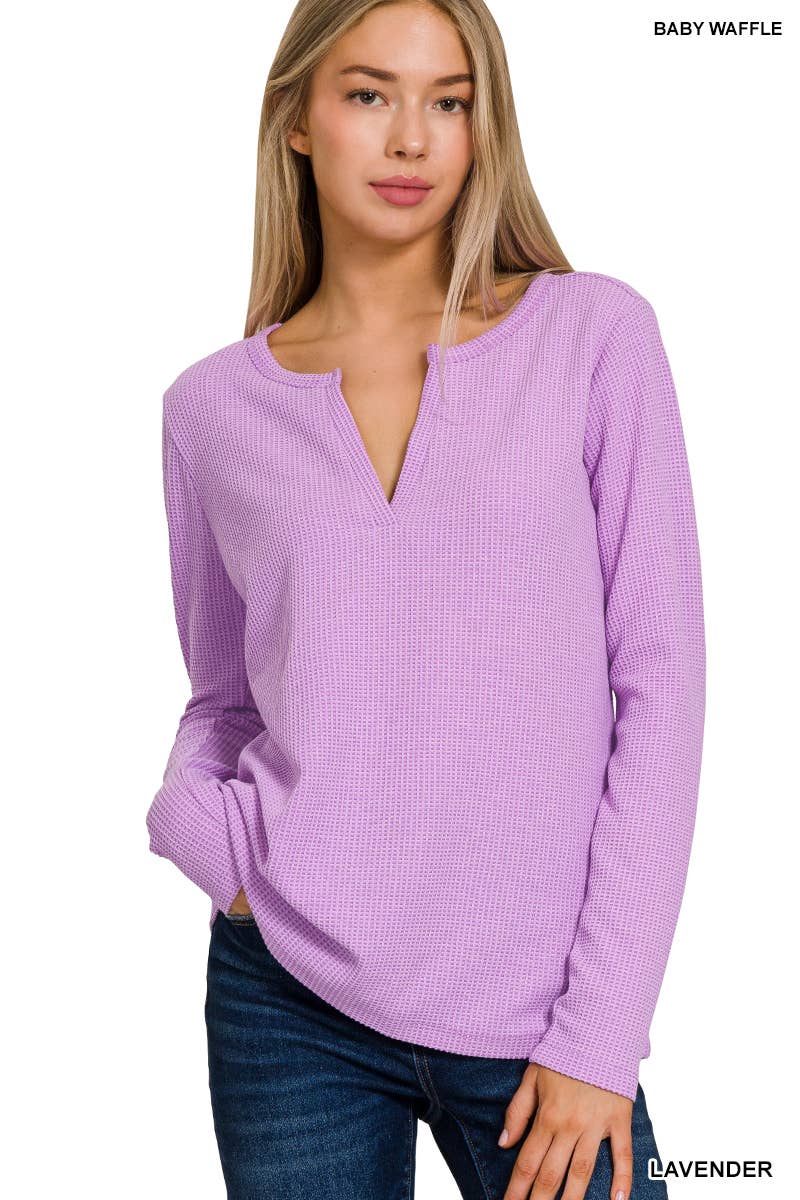 BABY WAFFLE V-NECK LONG SLEEVE TOP: FUCHSIA-158026 / L