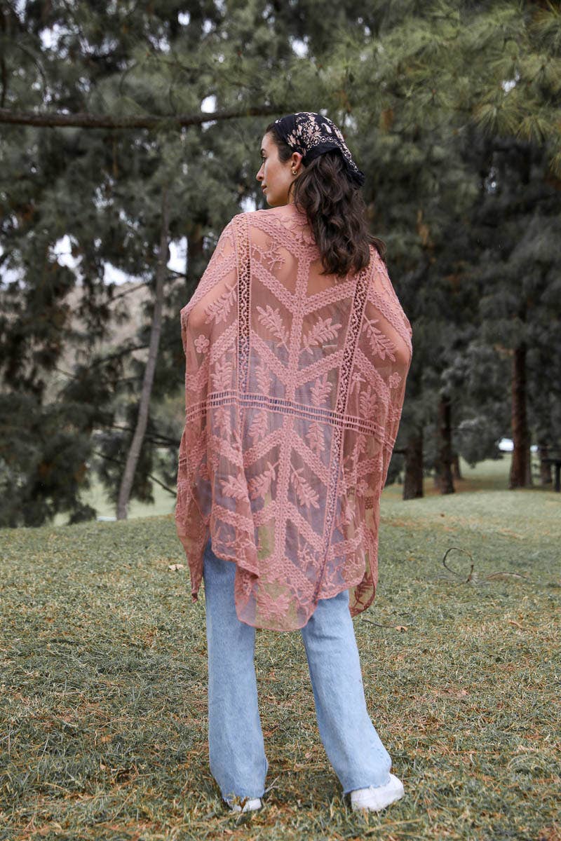 Embroidered Mesh Leaf Kimono: Natural