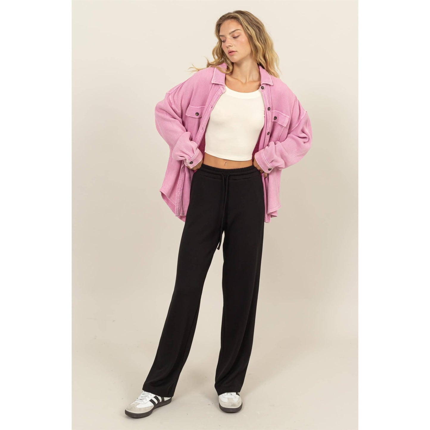 Waffle Oversized Button Up Shacket: GRAY BLUE / L