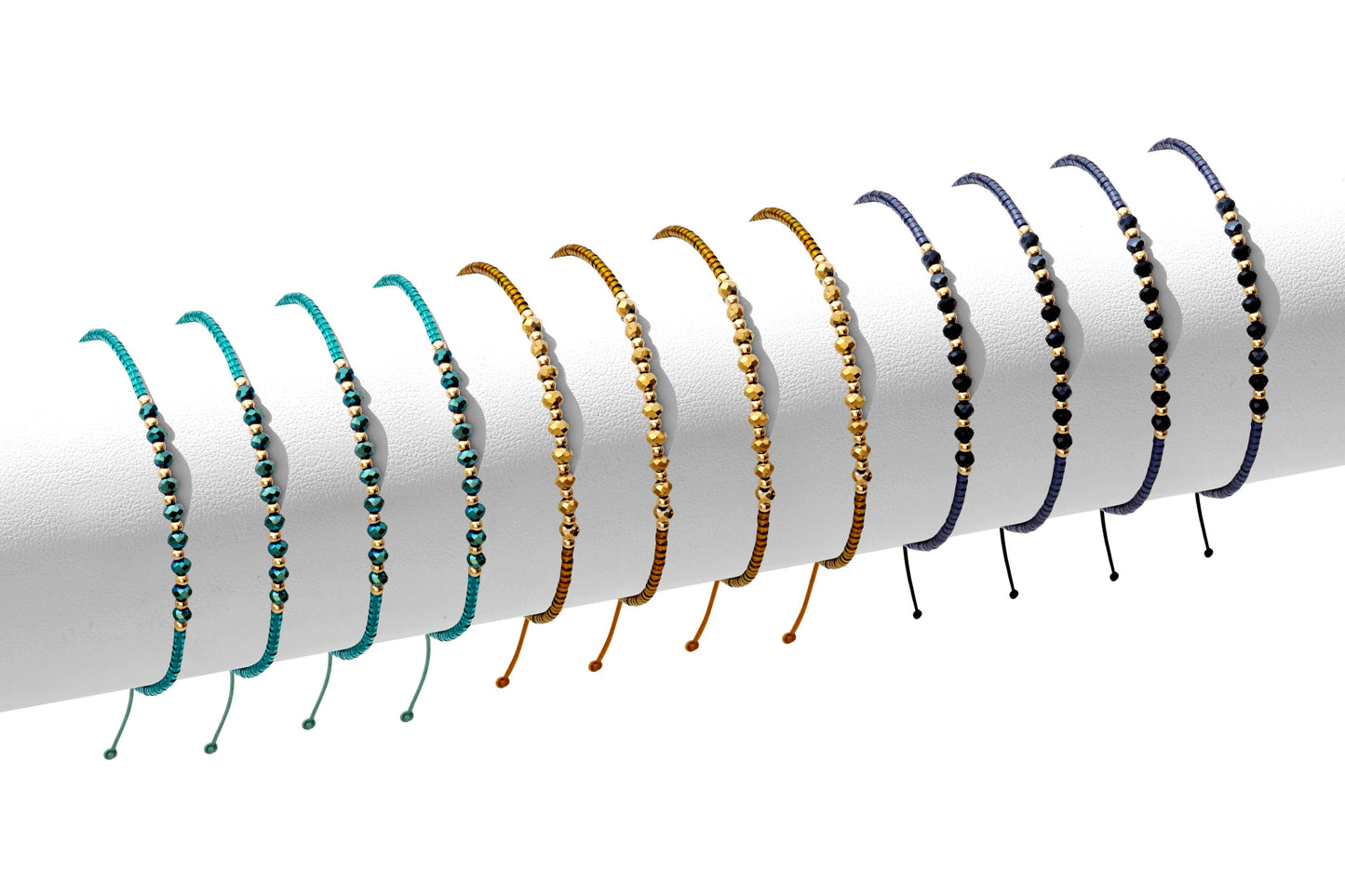 Set/12 Adjustable Glitz Accented Miyuki Bracelets, SALE: Teal/Bronze/Navy