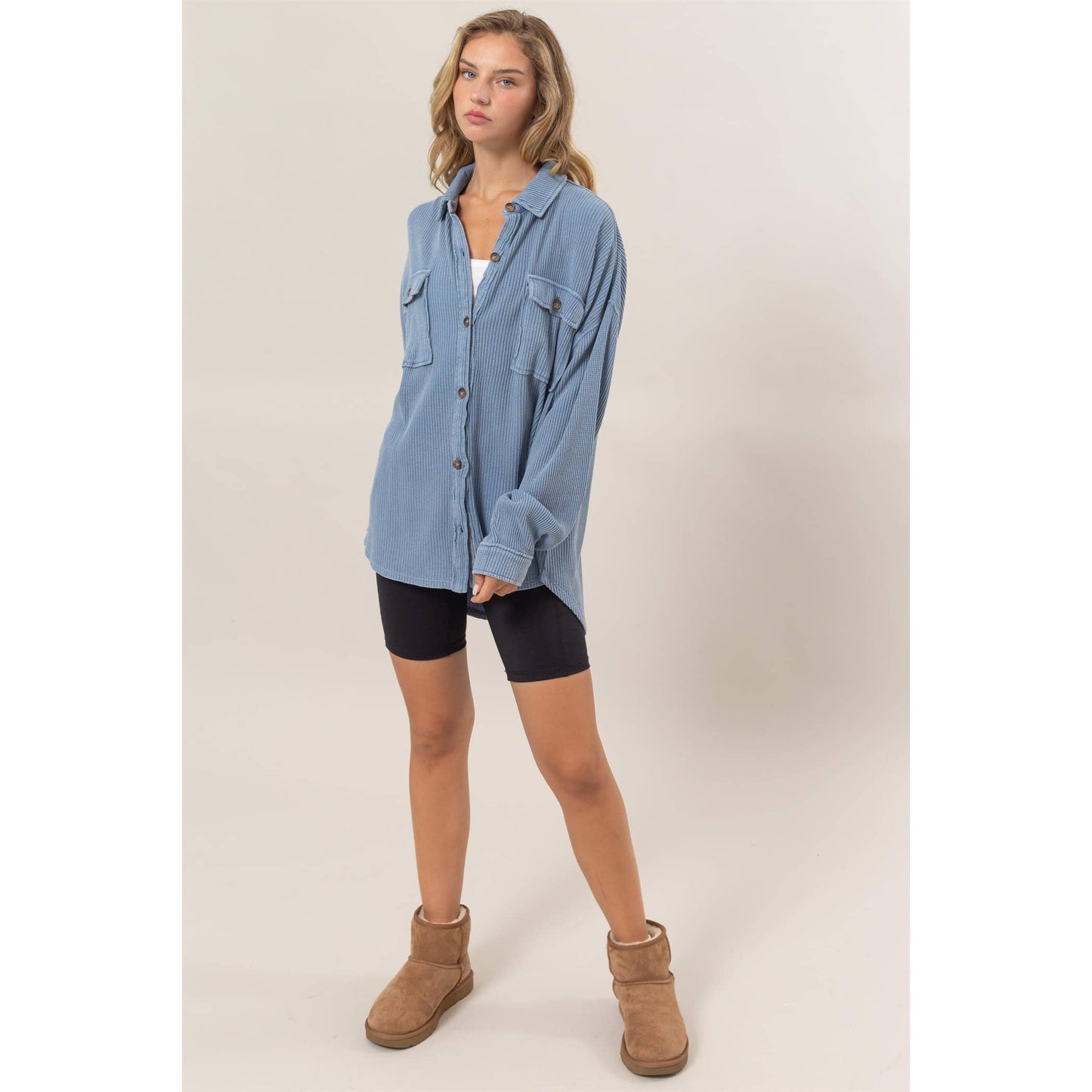 Waffle Oversized Button Up Shacket: GRAY BLUE / M