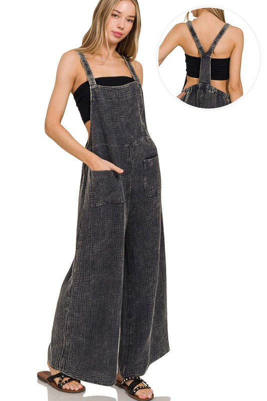 Washed Double Gauze Wide Leg Overalls