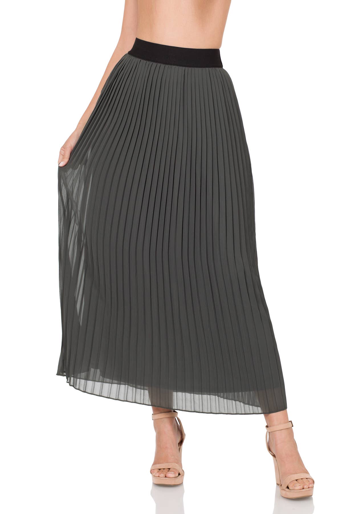 WOVEN CHIFFON HIGH WAIST PLEATED LONG SKIRT: XL / TAUPE-139692
