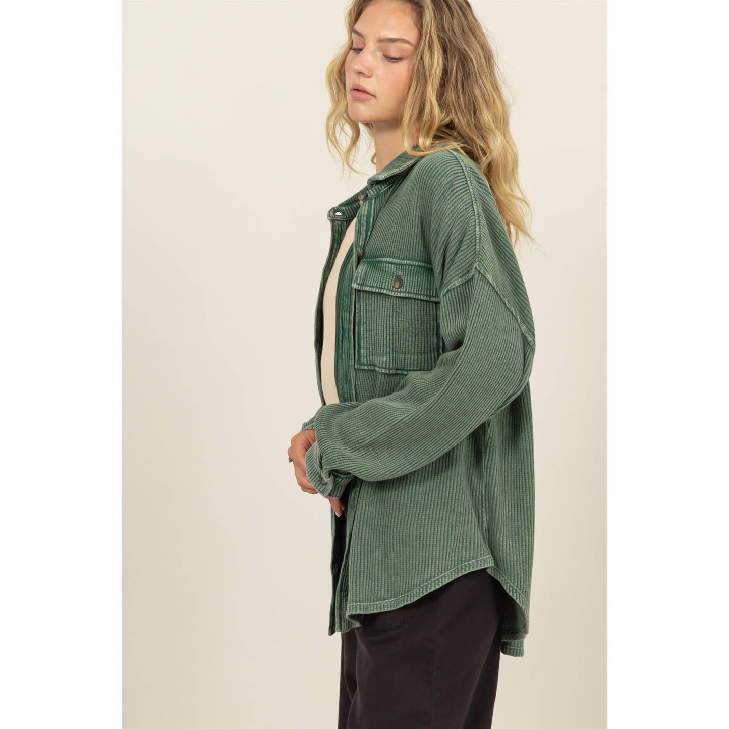 Waffle Oversized Button Up Shacket: GRAY BLUE / M