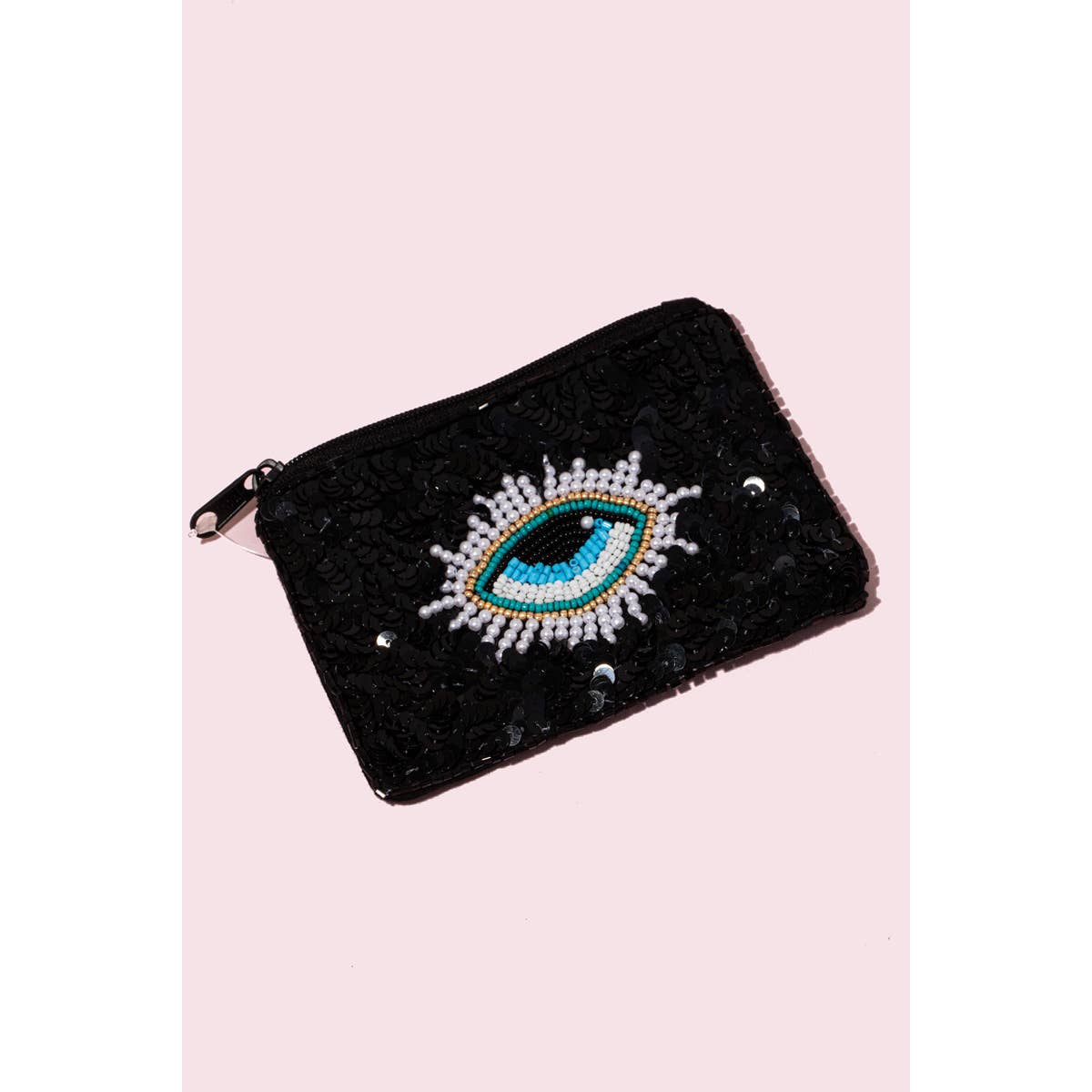 Sequin And Seed Beaded Eye Coin Purse: BK