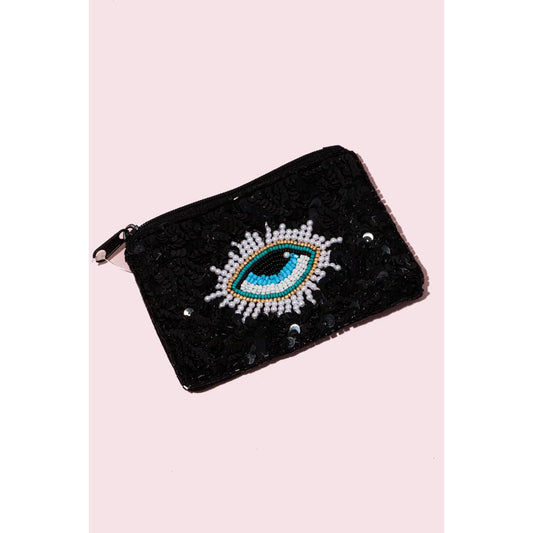 Sequin And Seed Beaded Eye Coin Purse: BK