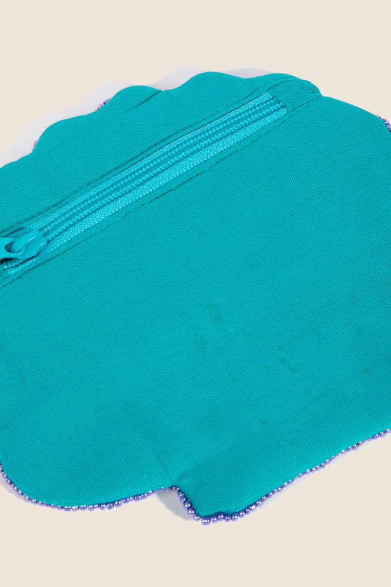 Seed Beaded Clam Coin Purse: BLUE