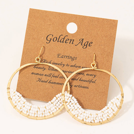 White Beaded Circle Drop Earrings: GOLD